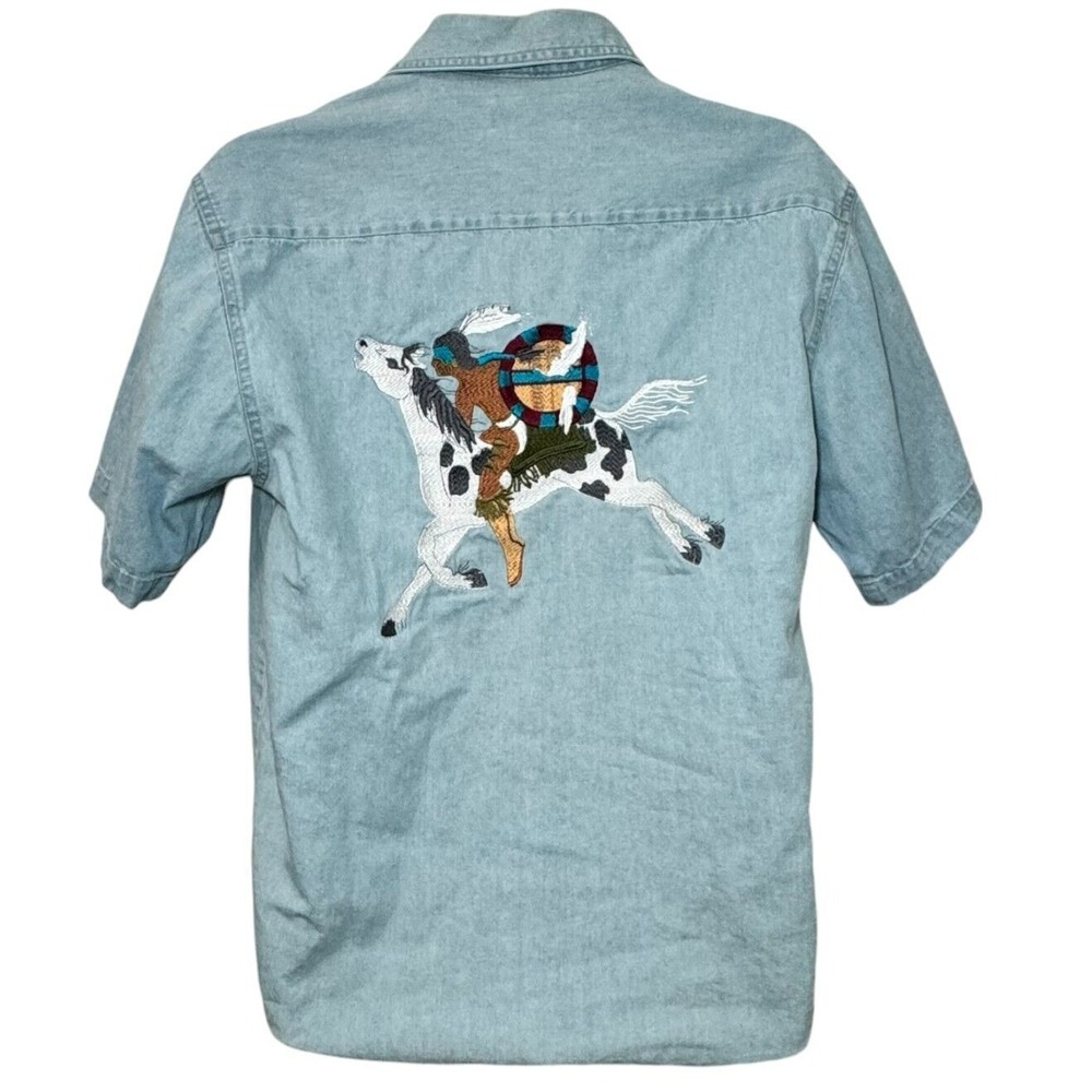 Vintage Y2K Jerzees Embroidered Denim Shirt Native Warrior Horse Mens S Chest 40